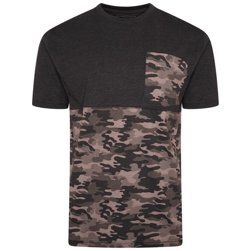 KAM Camo Panelled T-Shirt With Chest Pocket Charcoal